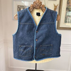 Vintage 70s Sears Roebuck Denim Snap Vest Sherpa Lining M